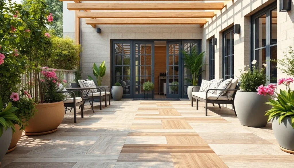 Carrelage extérieur élégant sur une terrasse avec des carreaux antidérapants et une végétation luxuriante.