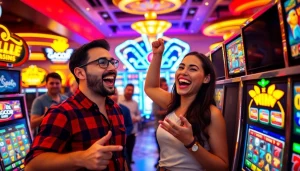 Menampilkan kemenangan besar pada permainan slot gacor dengan suasana kasino yang meriah.