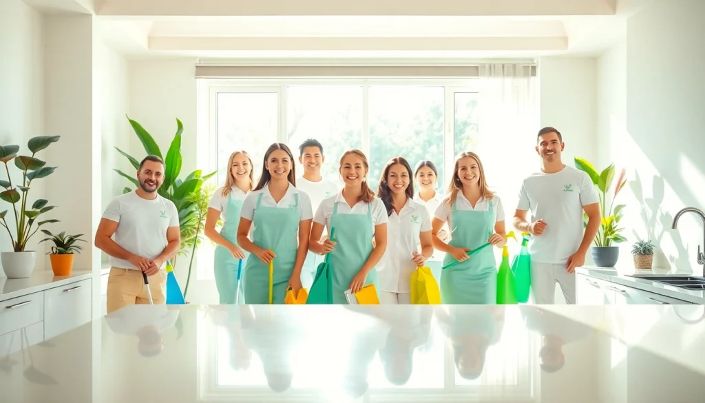 Efficient cleaning service team revitalizing a modern home with eco-friendly supplies.