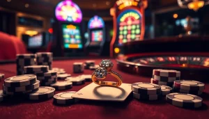 Showcasing a stunning 求婚 戒指 amidst poker chips and casino elements, highlighting luxury and excitement.