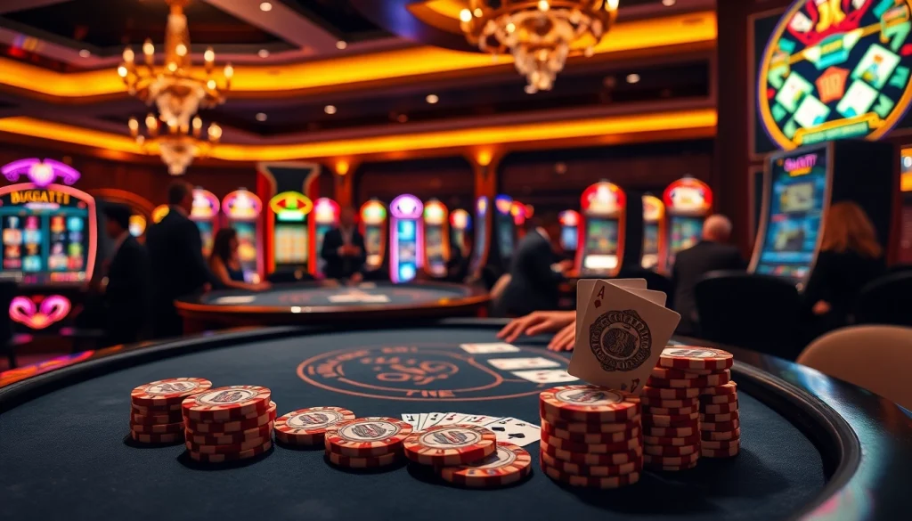 Engage with high-stakes action at Bugatti8 casino featuring luxurious gaming tables and vibrant slot machines.