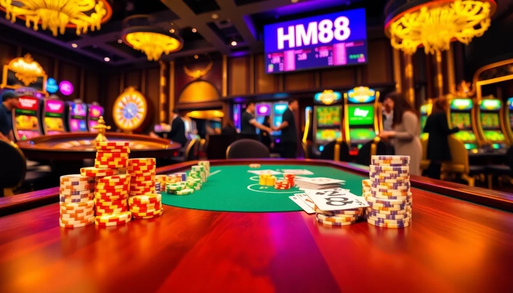 Experience excitement at the casino with HM88 featuring vibrant poker action and colorful chips.
