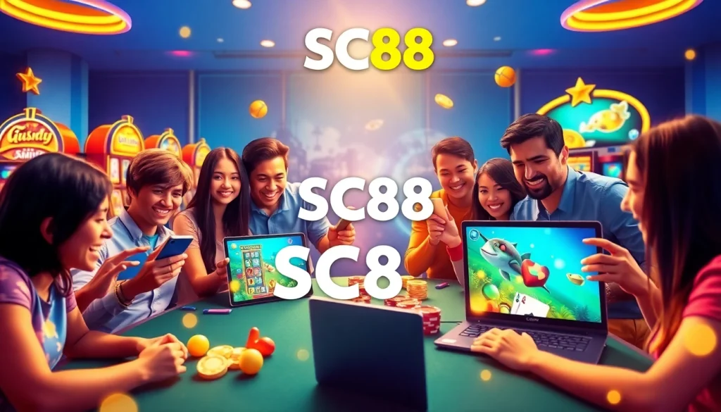 Engaging promotional image for SC88 showcasing online gaming excitement with diverse players using https://sc88.ad/ on modern devices.