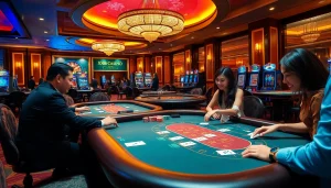 Experience the excitement at XX88 Casino with players engaging at gaming tables and vibrant slot machines.