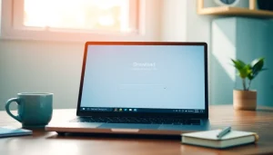 Download free VPN for enhanced security on Windows while using a laptop in a cozy workspace.