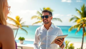 Belize Real Estate Agent consulting clients near a beachfront property.