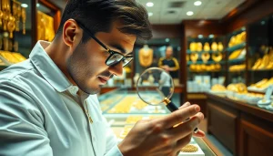 Goldankauf in der Nähe: Makler prüft edlen Schmuck im Geschäft.