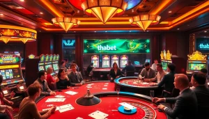 Players enjoying the excitement of gambling at Thabet casino tables, with vibrant slot machines and winning moments.
