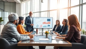 Engaging business professionals collaborating in a modern office environment.