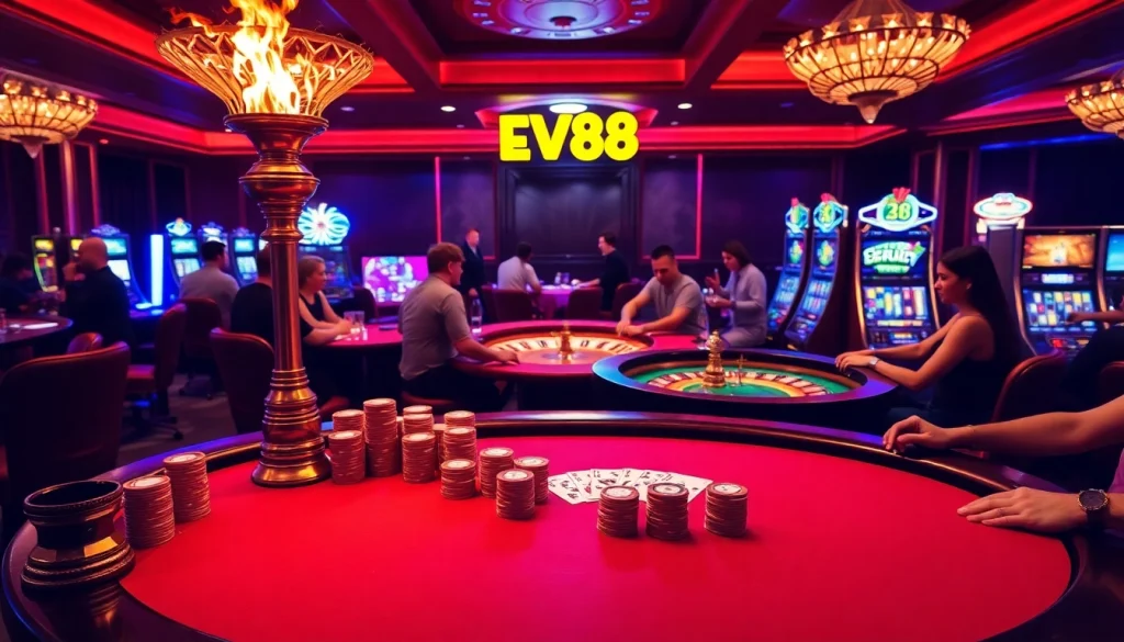 Excited players enjoying a game at EV88 Casino, showcasing vibrant casino elements.