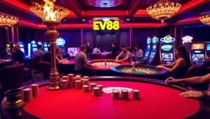 Excited players enjoying a game at EV88 Casino, showcasing vibrant casino elements.