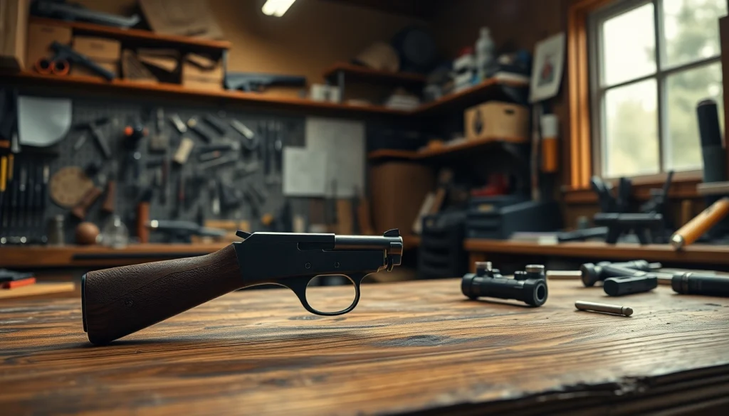 The 3 position forced reset trigger displayed prominently on a wooden bench with tools.