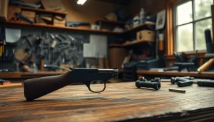 The 3 position forced reset trigger displayed prominently on a wooden bench with tools.