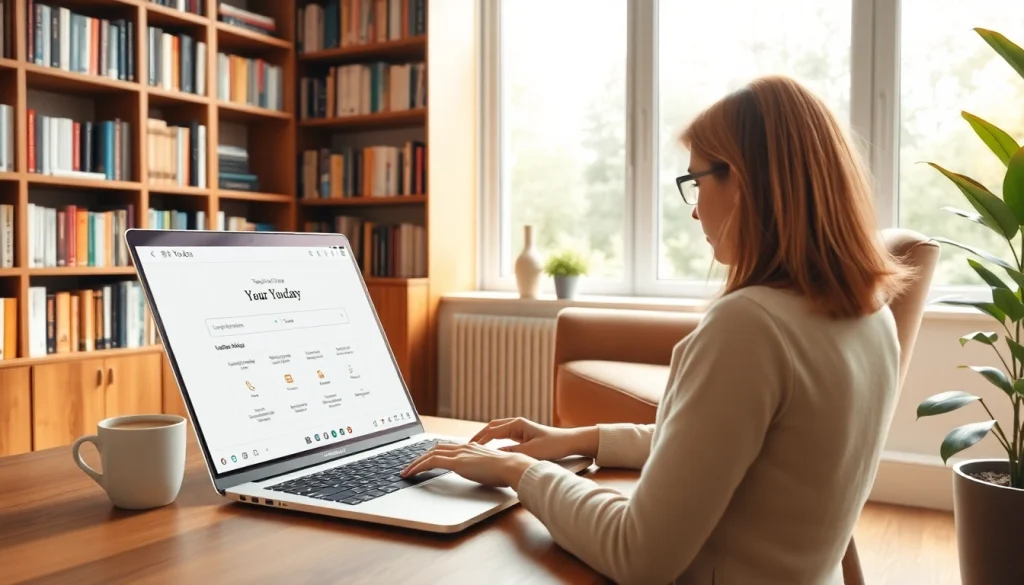Engaging scene of a user utilizing youdao翻译 on a laptop in a cozy study.