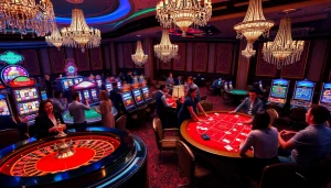 L'ambiance d'une scène de jeu luxueuse au meilleur casino en ligne belge, présentant la roulette, les machines à sous et le poker.