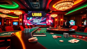 Experience thrilling gameplay with U888 at a luxurious casino table featuring poker chips and cards.