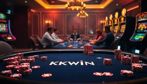 KK WIN gaming table with vibrant poker chips and cards, capturing luxury and excitement in gambling.