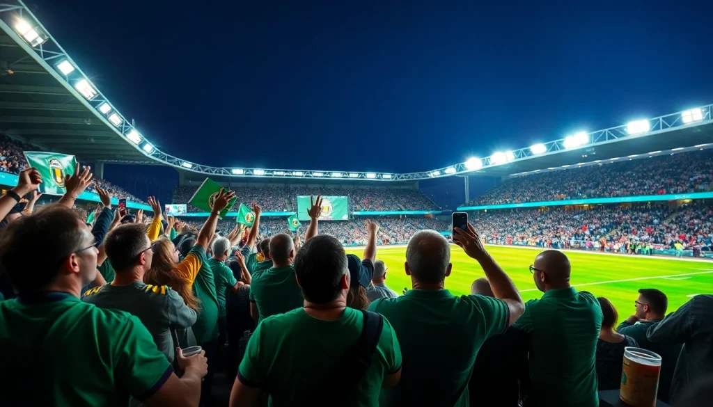 Join the excitement of live sports betting at https://ufabet-auto.in with enthusiastic fans cheering in a stadium.