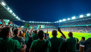 Join the excitement of live sports betting at https://ufabet-auto.in with enthusiastic fans cheering in a stadium.