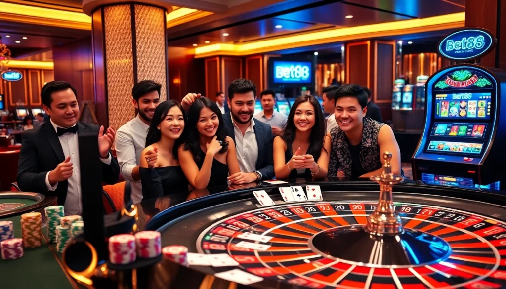 Exciting scene of gamblers enjoying bet88 online casino with roulette and poker.