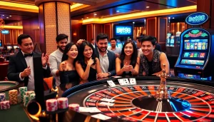 Exciting scene of gamblers enjoying bet88 online casino with roulette and poker.