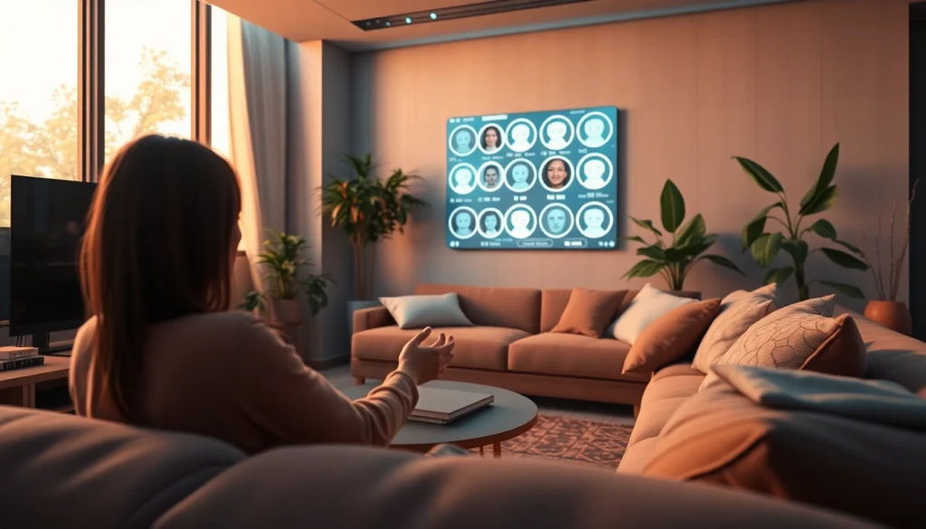 Interactive living room showcasing sex AI technology with a friendly digital companion.