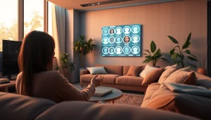 Interactive living room showcasing sex AI technology with a friendly digital companion.
