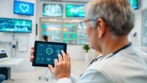 Engaging digital health technology usage at trevia.com with a patient in a modern clinic.