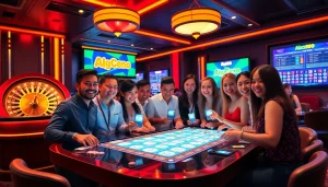 Excited players participating in Keno at abc88 casino, surrounded by colorful betting elements.