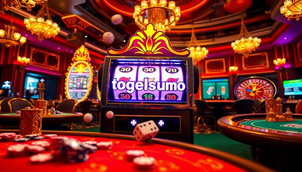 Mesin slot Togelsumo menyala di tengah suasana kasino yang elegan dengan meja permainan yang berwarna-warni.