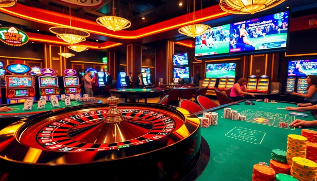 Experience the excitement of Superbet in a luxurious casino scene featuring roulette wheels and poker tables.