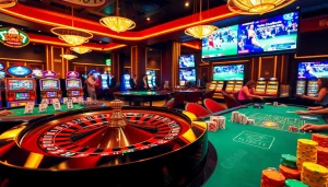 Experience the excitement of Superbet in a luxurious casino scene featuring roulette wheels and poker tables.