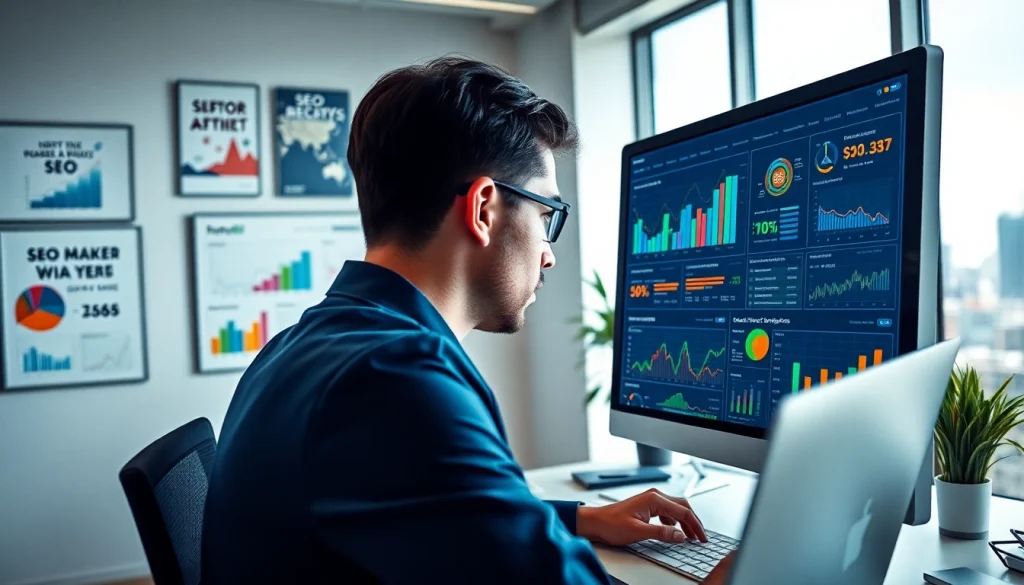 SEO expert analyzes website performance metrics in a modern office setting.