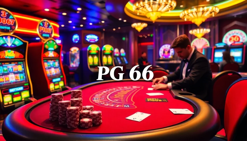 PG66 poker table action with vibrant slot machines and a thrilling casino atmosphere.