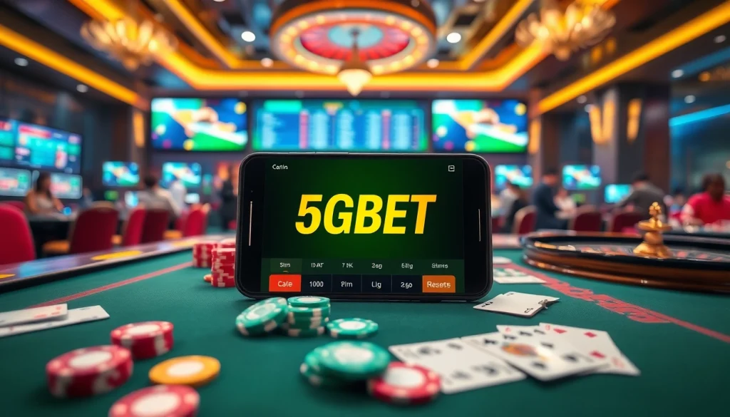 The dynamic 5GBET App displayed in a thrilling casino scene with digital gaming elements, poker chips, and vibrant tables.