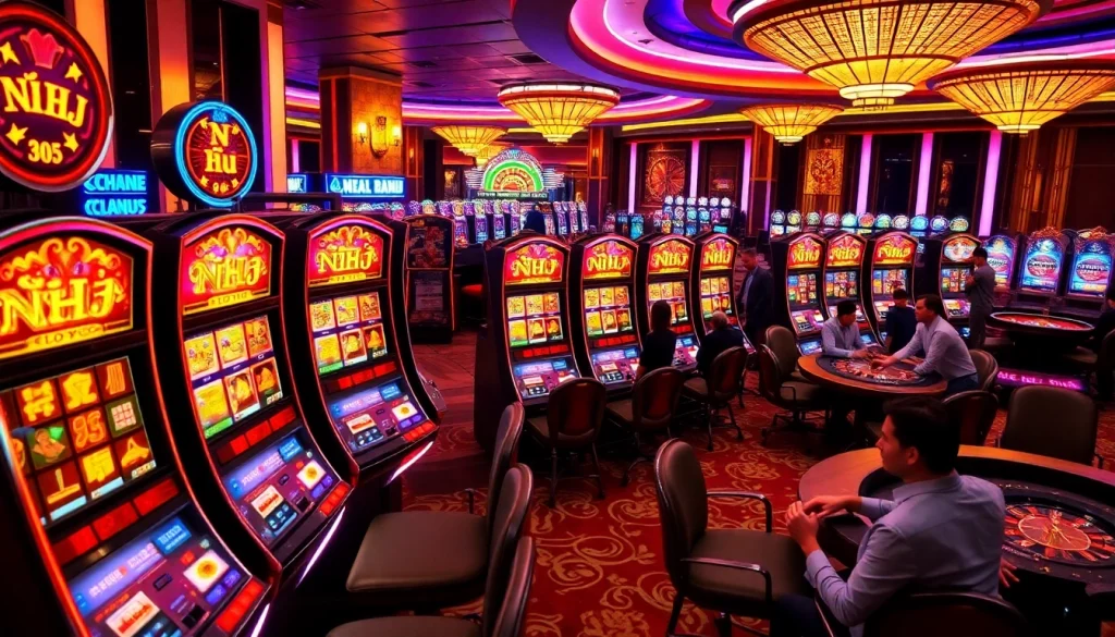 Experience the excitement of nổ hũ at vibrant slot machines in a luxurious casino.