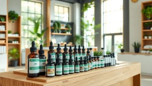 Showcase of premium CBD products in a modern store setting, highlighting cbd madrid offerings.