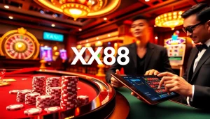 Experience the thrill of XX88 online gambling with vibrant casino visuals representing poker and roulette.