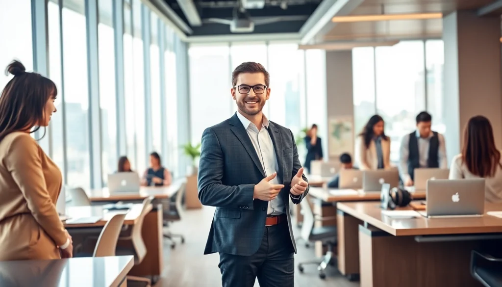 Real Estate office with agents collaborating and clients discussing properties