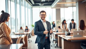 Real Estate office with agents collaborating and clients discussing properties