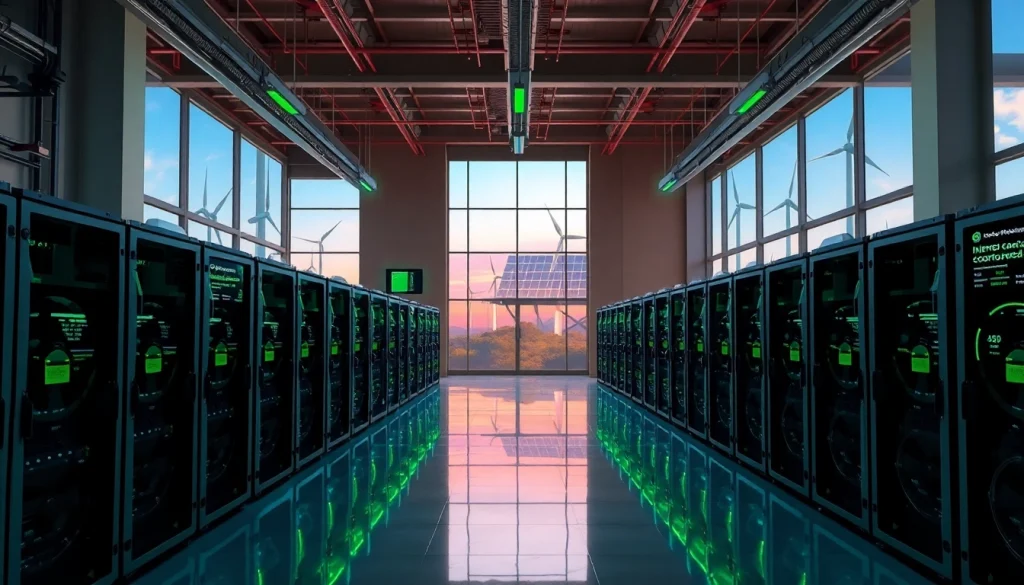 Crypto mining facility powered by renewable energy, showcasing advanced technology and innovation.