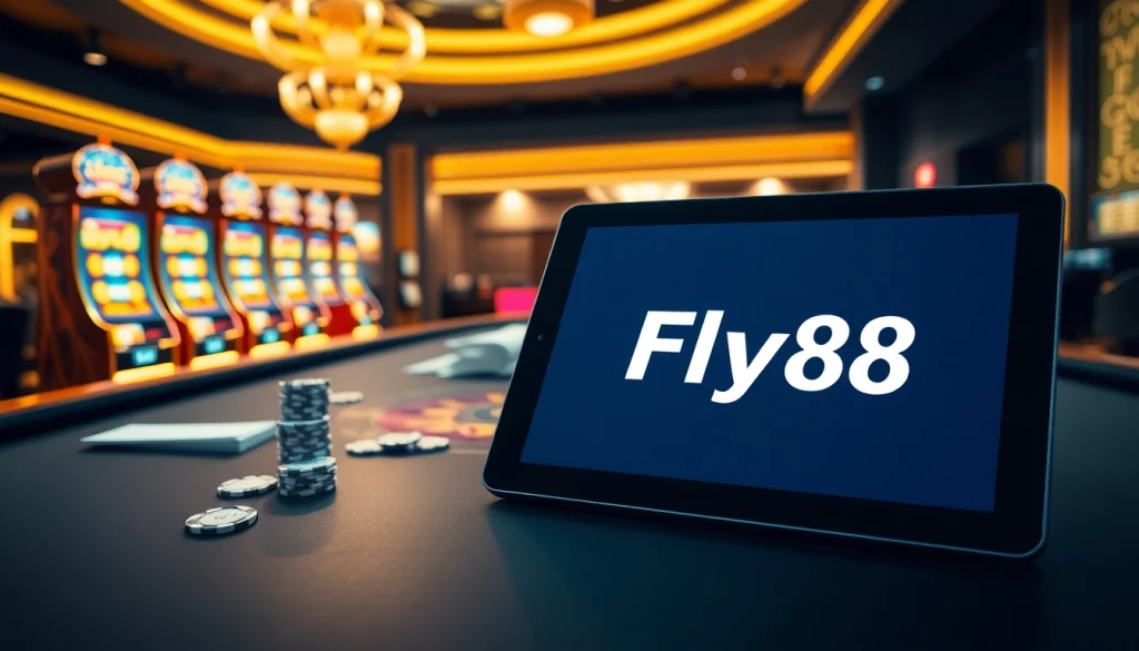 Engaged players enjoying poker at Fly88 casino tables with vibrant slot machines in the background.