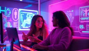 Engaging AI sex chat scene showcasing futuristic chat room with diverse couples.