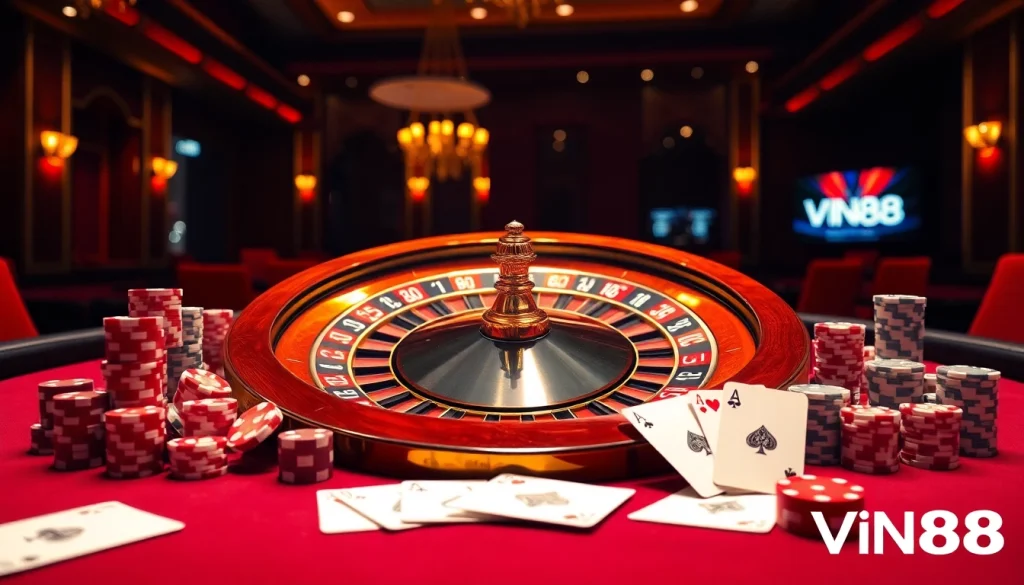Engaging scene of VN88 casino gaming with roulette, poker chips, and cards.