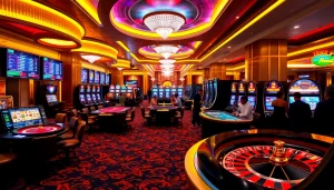 Exciting casino scene highlighting s8 slot machine and roulette tables in a luxurious setting.
