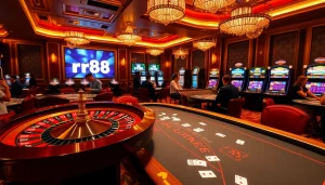 Engaging casino scene with rr88 elements, showcasing gaming excitement through roulette and poker.