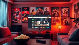 A modern digital interface featuring https://bandarlayarkaca21.com with film posters and cozy ambiance.