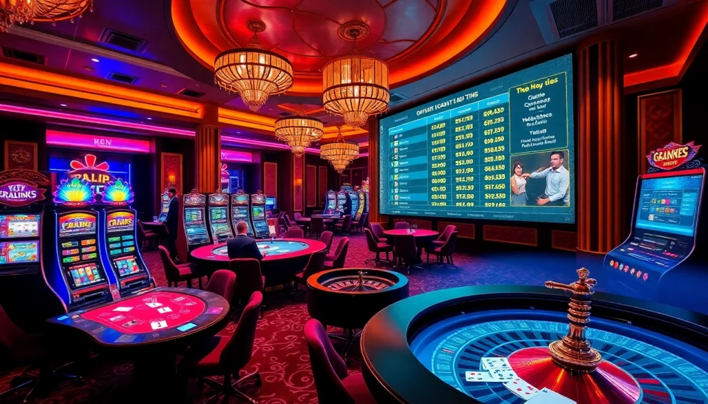 Experience the luxury of Top 10 Nhà Cái Uy Tín through an exciting casino scene with poker players and vibrant slot machines.