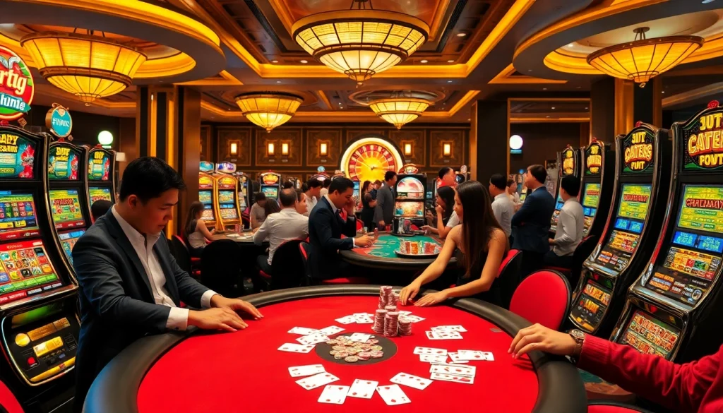 Exciting scene of players enjoying BJ 888 at a lively casino poker table with vibrant slot machines.