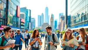 Nuvelios.org에서의 여행 정보 탐색하는 모습, 활기찬 도시 배경과 함께.